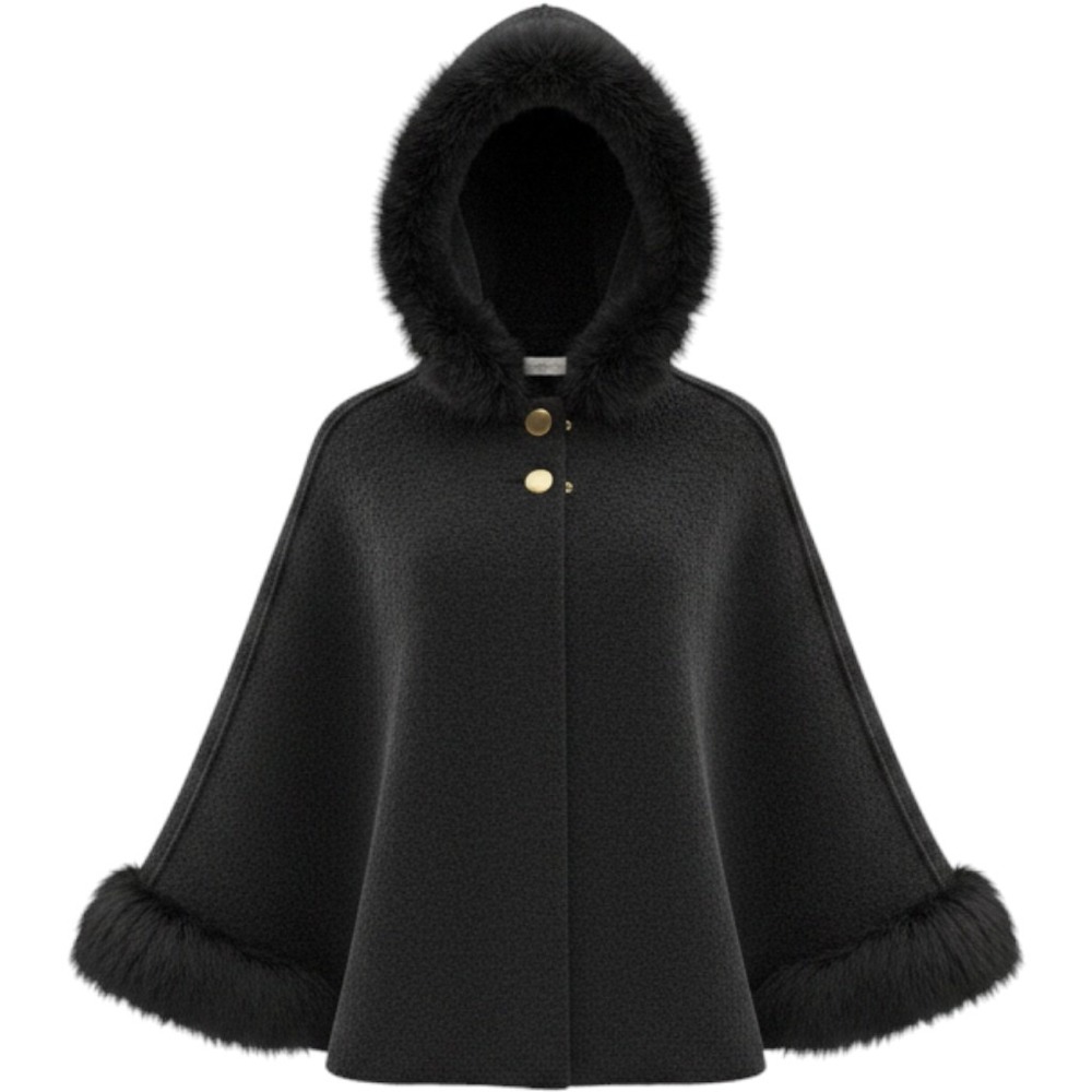 Bill Blass Signature Cape OS Black Wool Blend Faux Fur Trim Hooded Glam Elegant